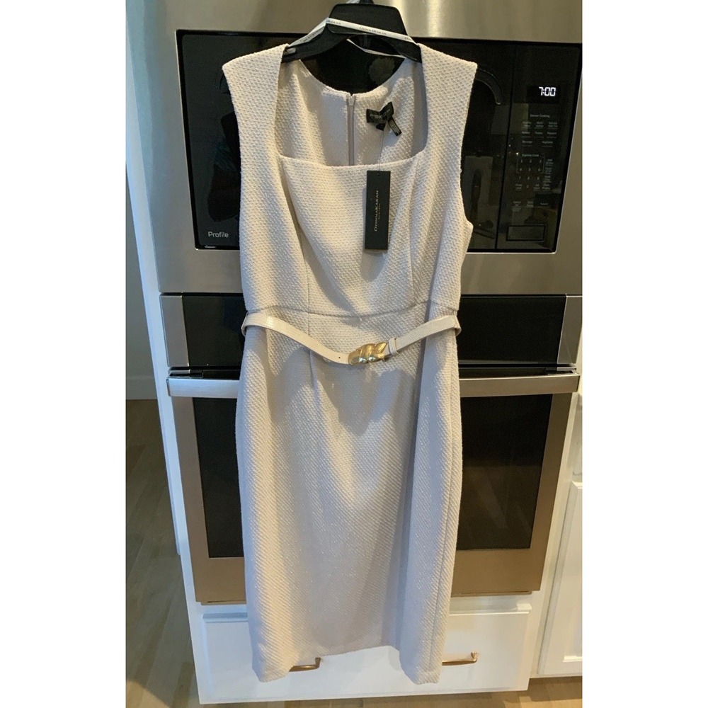 Donna Karan Cream Texture Sheath Dress 12 Square Neck NWT Belt w/ Gold Tone